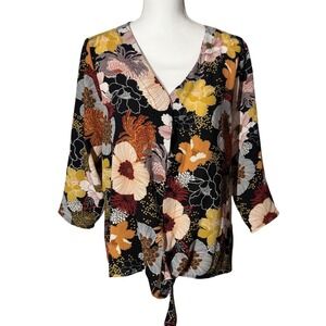 Bobeau Floral Tie Front Blouse Size M Black Mustard V-Neck 3/4 Sleeve Excellent
